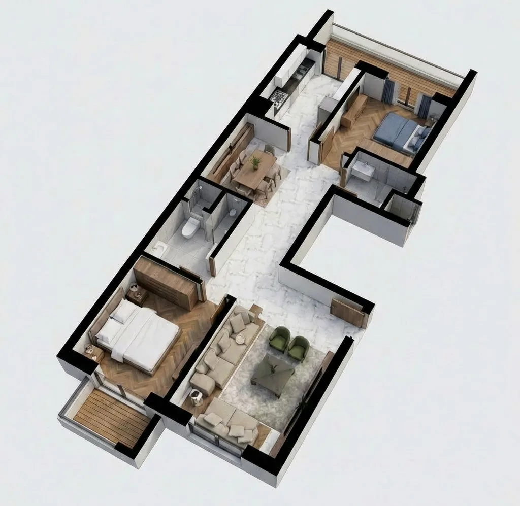 Vue 3D de l'appartement F3 de 83,66 m², îlot 1, 3e étage