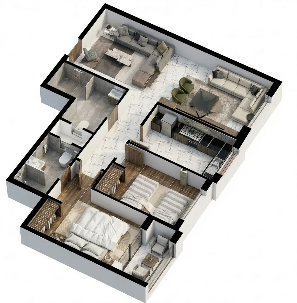 Vue 3D de l'appartement F3 de 87,75 m², îlot 2, 1er au 4e étage