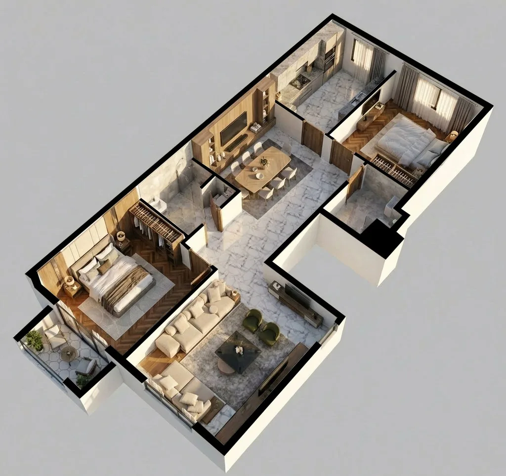 Vue 3D de l'appartement F3 de 92,56 m², îlot 1, 1er & 2e étages