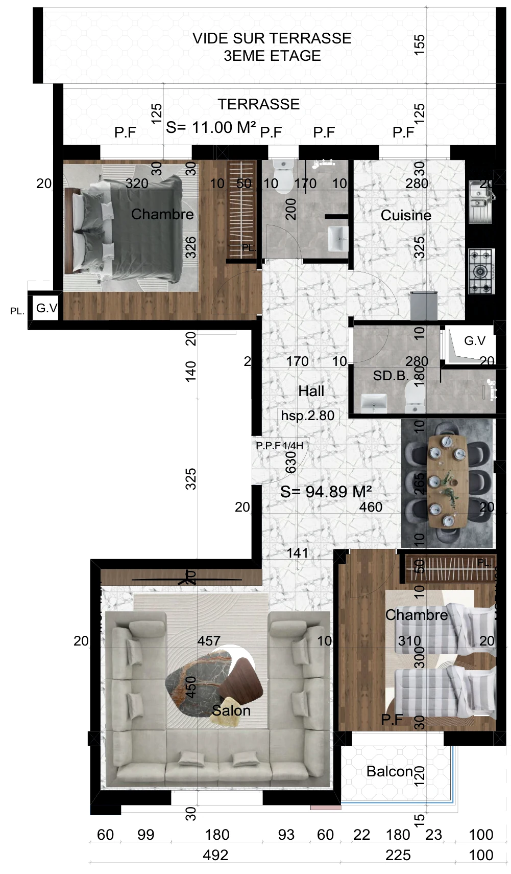 Plan coté de l'appartement F3 de 94,89 m², îlot 1